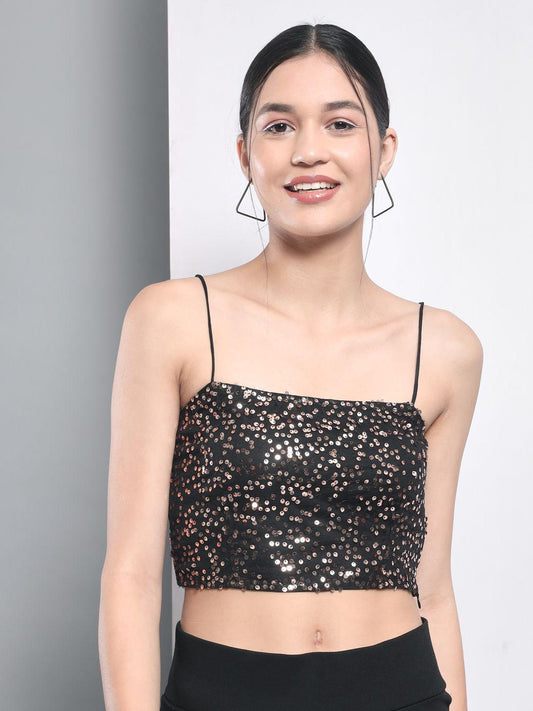 "Black and Gold Glam: Women's Polyester Sequin Crop Top"