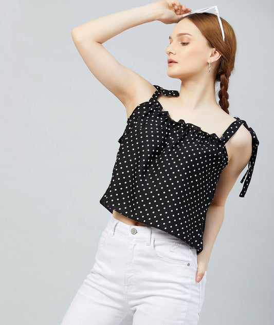 Black Polka Dotted Ruffled Top for Women