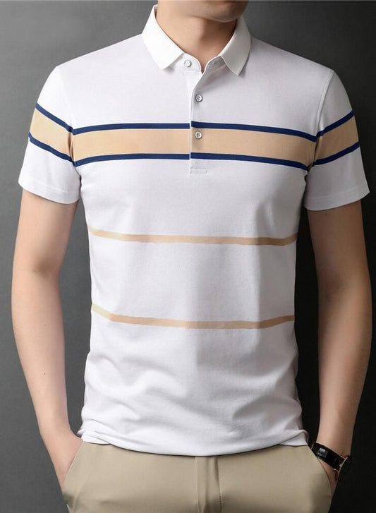 Classic White Stripes:Men's Polo Neck T-shirt, Half Sleeves