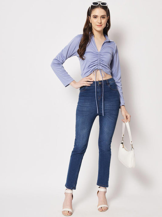Blue Ruched Collar Top: Casual Elegance