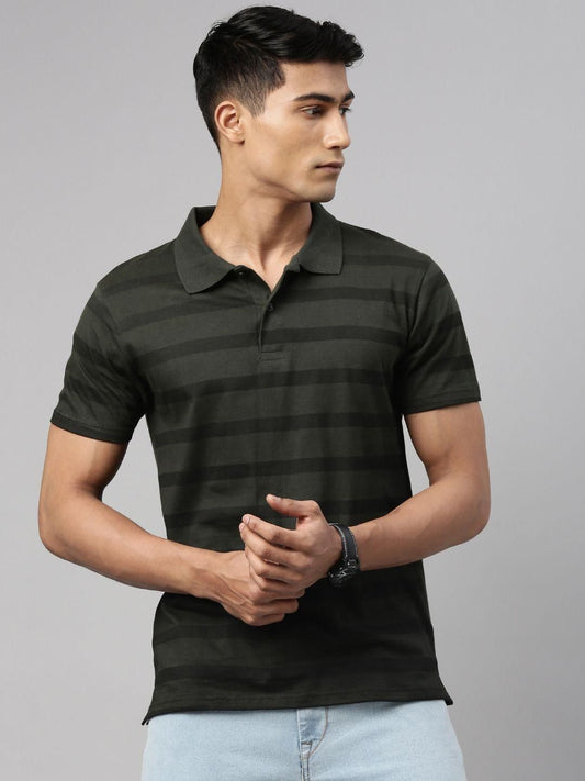 Stylish Comfort:Cotton Stripes Men's Polo T-Shirt in Olive