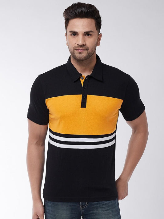 Gritstones Cotton Blend Black & Yellow Color  Half Sleeve Color Block Half Sleeve Polo Mens T-Shirt