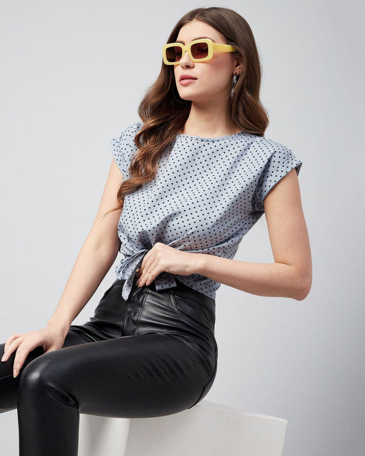 Grey Polka Dotted Knotted Crop Top for Women