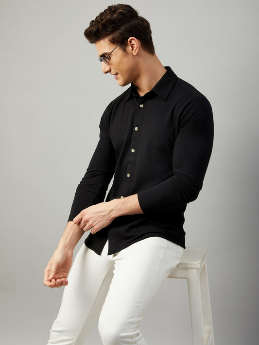 Classic Black Casual Shirt: Cotton Blend, Regular Fit, Full Sleeves